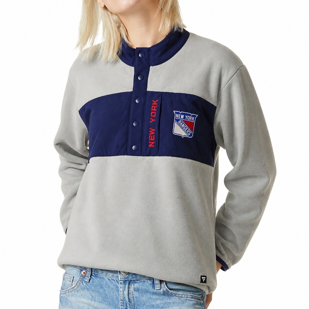 Fanatics NHL New York Rangers Mens Large Gray Blue Fleece Snap Neck Pullover